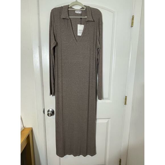 Revolve LNA Maxi Dress 2X Brown Stretch Knit Side Slit Bodycon Minimalist NWT - Picture 3 of 7